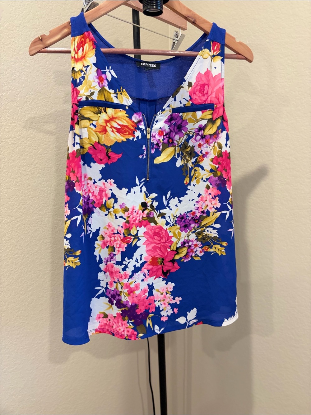 Express Royal Blue Floral Zip-Front Sleeveless Camisole